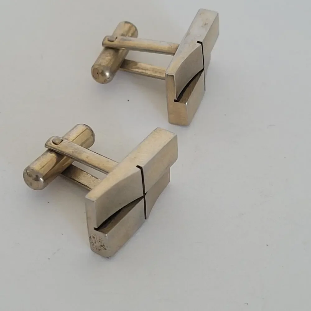 Botany Made USA Silver Tone Logo Cufflinks Vintage Retro Rectangle Bullet Geomet